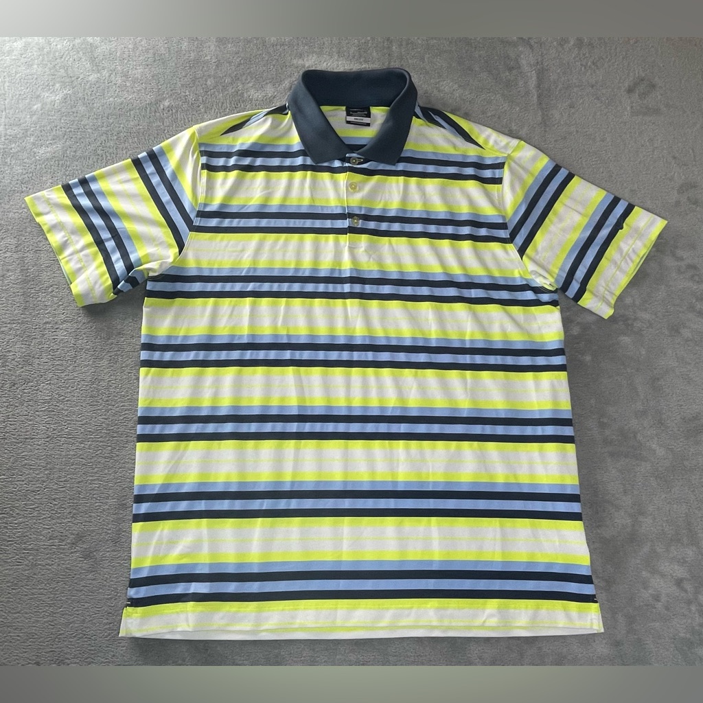Nike Golf Polo Shirt Mens Xl Short Sleeve Gray Blue Bright Yellow Striped Drifit